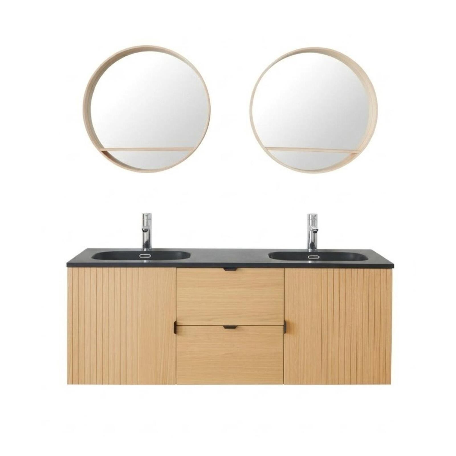 Meuble de salle de bain en chêne avec robinets chromés et miroir ronds