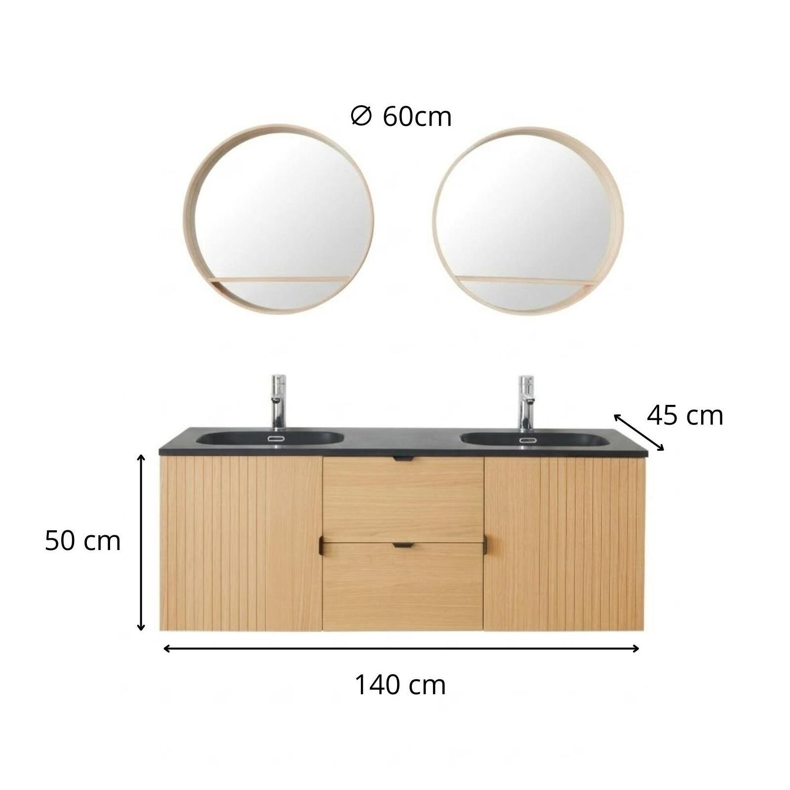 Meuble de salle de bain en chêne avec robinets chromés et miroir ronds