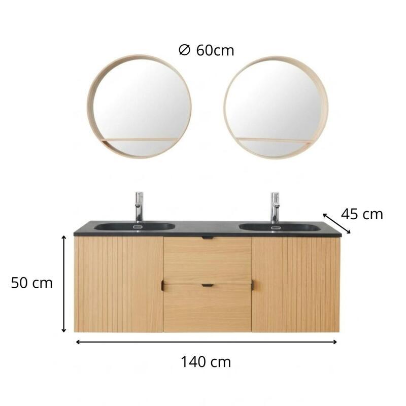 Meuble de salle de bain en chêne avec robinets chromés et miroir ronds