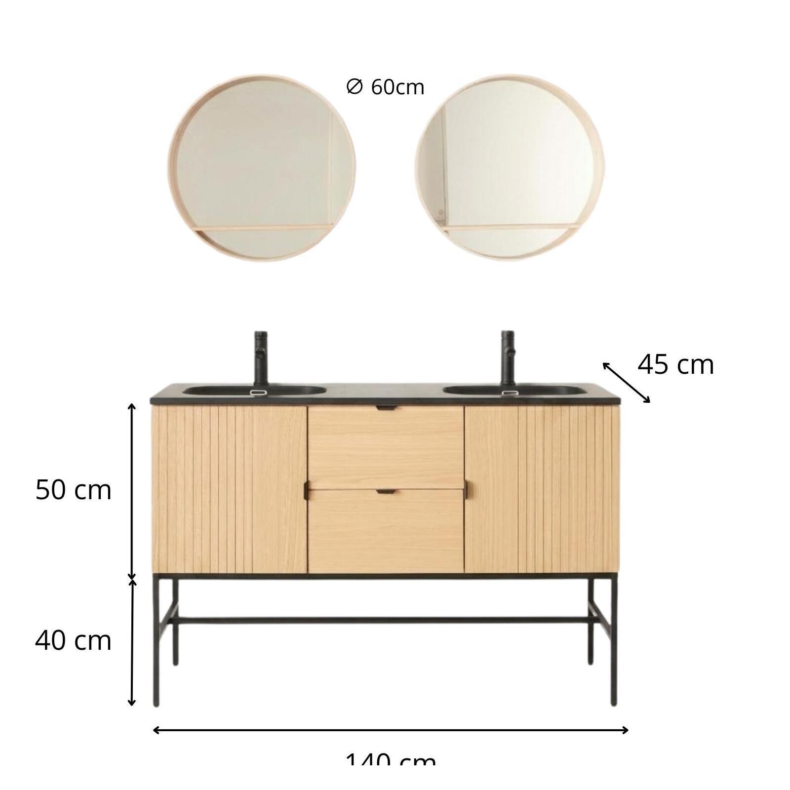 Meuble de salle de bain sur pieds en chêne avec robinets noir et miroirs