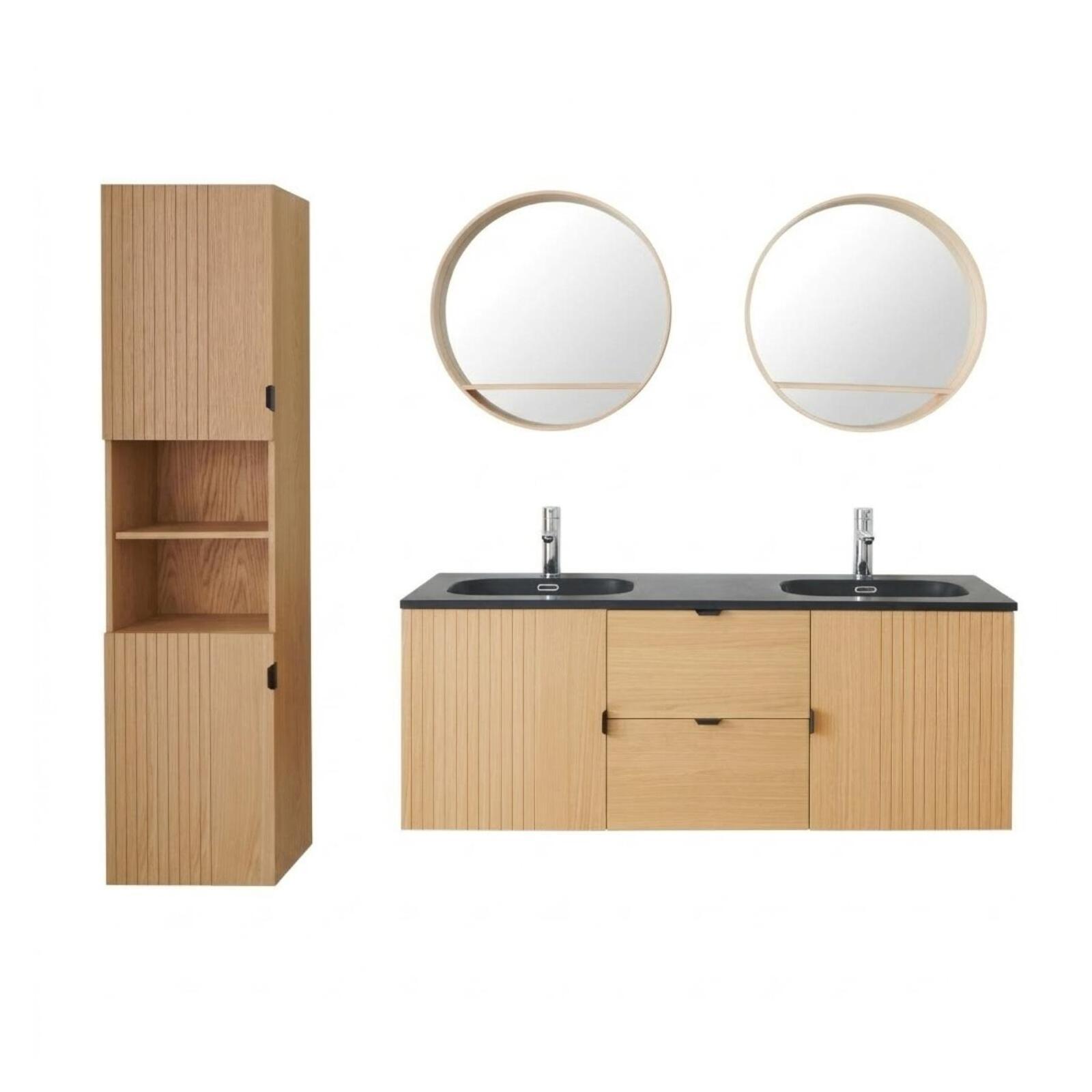 Meuble de salle de bain sur pieds en chêne avec robinets noirs, miroirs ronds et colonne