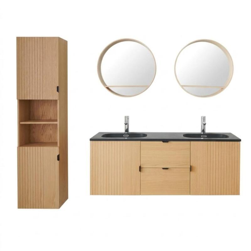 Meuble de salle de bain sur pieds en chêne avec robinets noirs, miroirs ronds et colonne