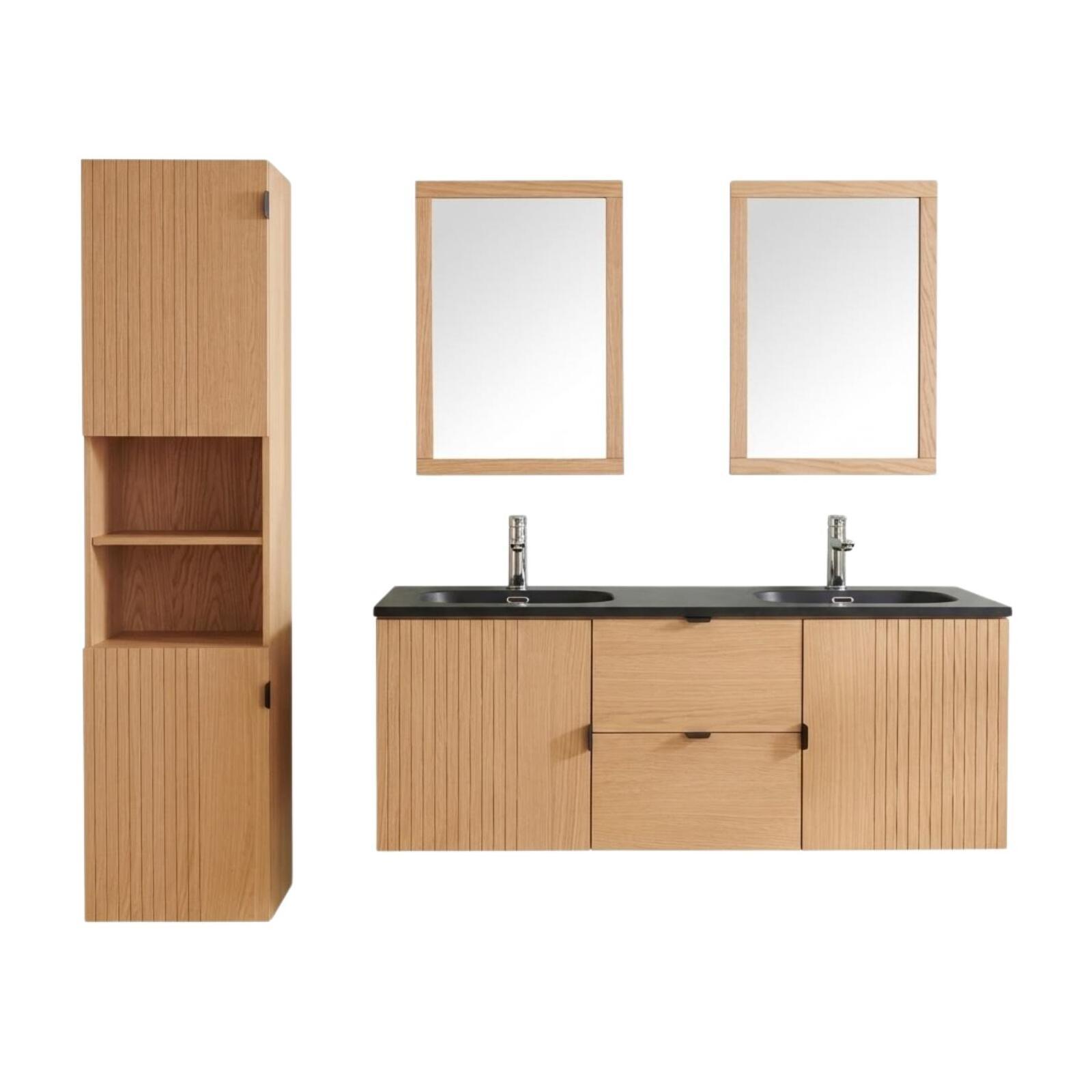 Meuble de salle de bain en chêne avec robinets chromés, miroirs carrés et colonne