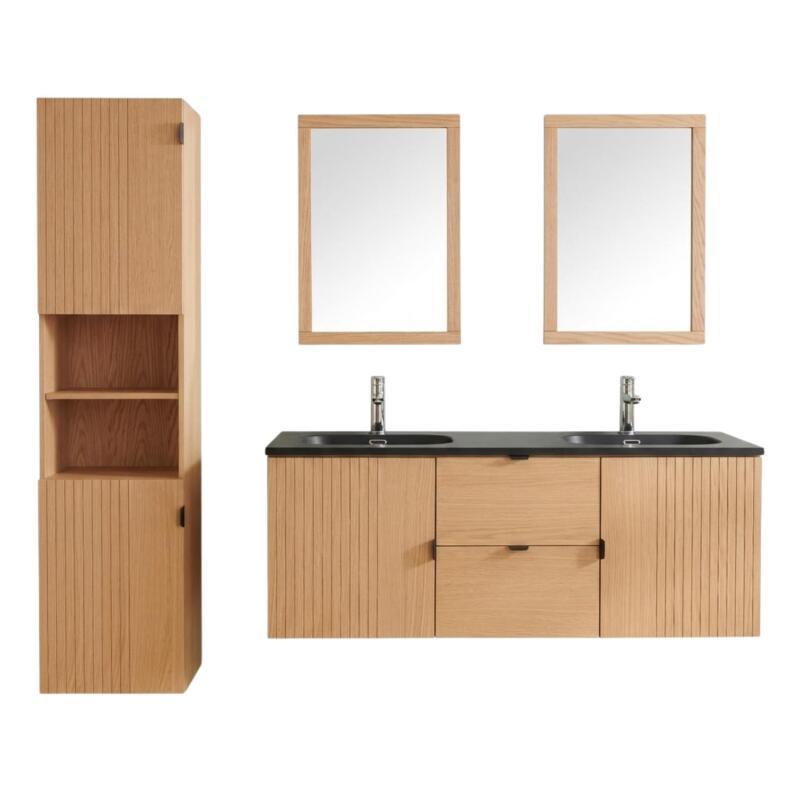 Meuble de salle de bain en chêne avec robinets chromés, miroirs carrés et colonne