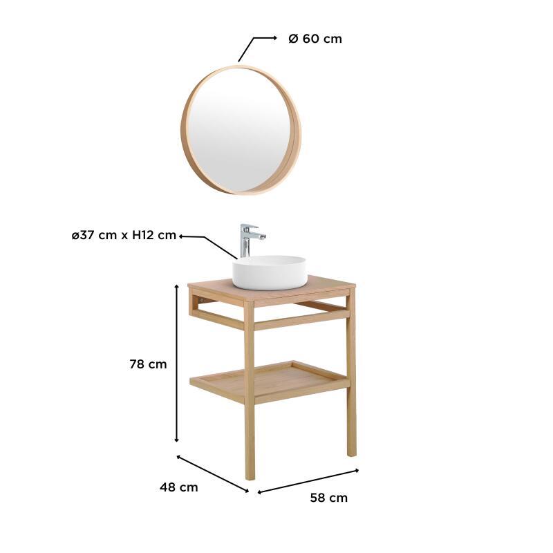 Meuble de salle de bain en chêne avec vasque ronde robinet et miroir