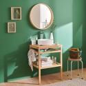 Meuble de salle de bain en chêne avec vasque ronde robinet et miroir