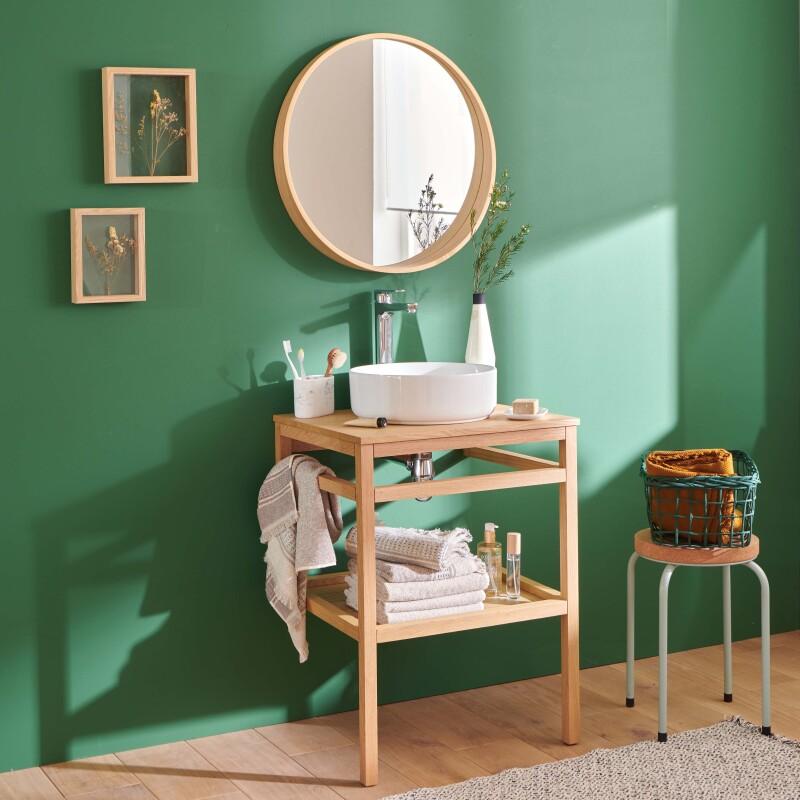 Meuble de salle de bain en chêne avec vasque ronde robinet et miroir