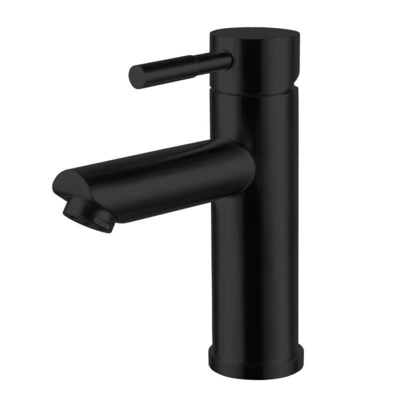 Meuble de salle de bain sur pieds en chêne avec robinets noirs, miroirs ronds et colonne