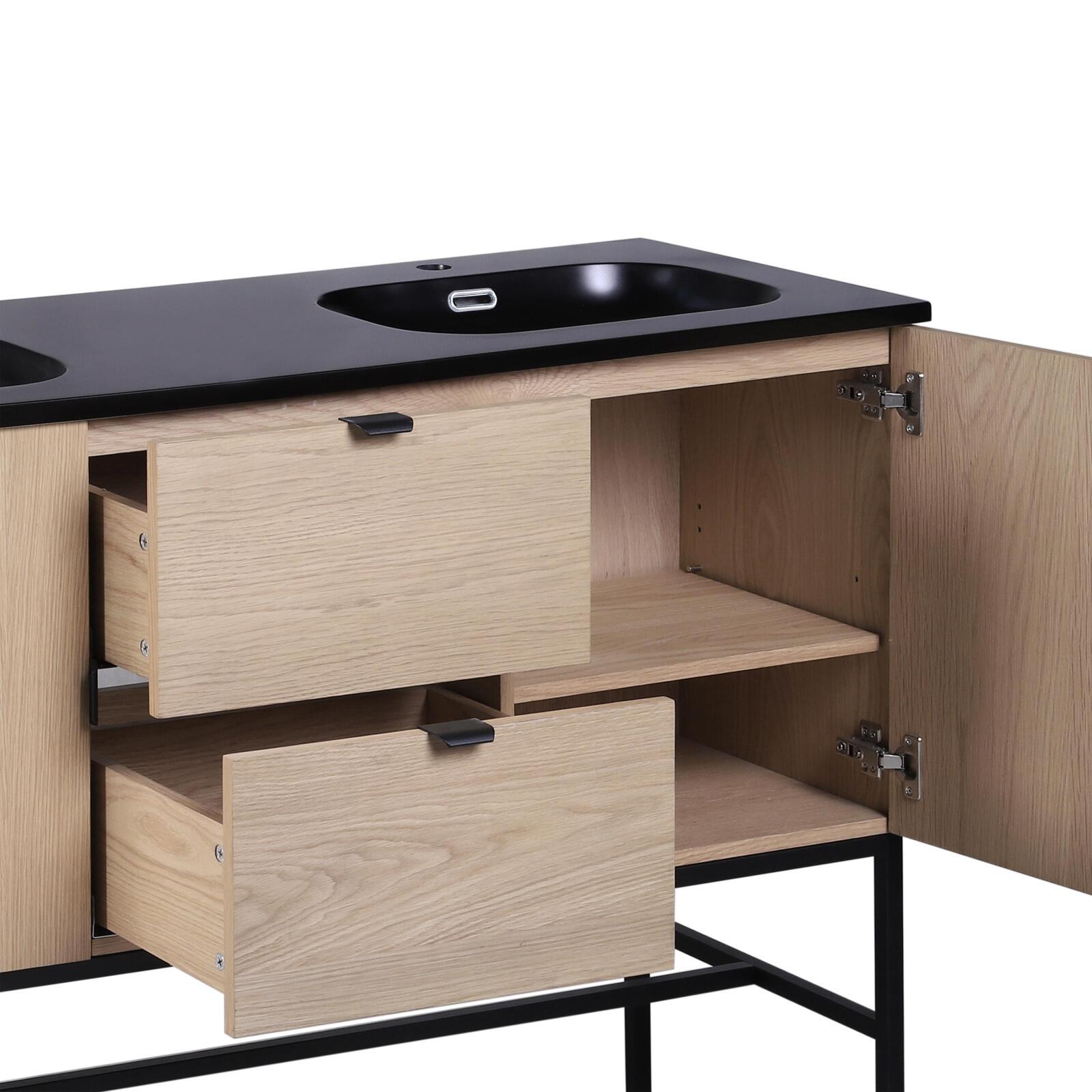 Meuble de salle de bain sur pieds en chêne avec robinets noirs, miroirs ronds et colonne