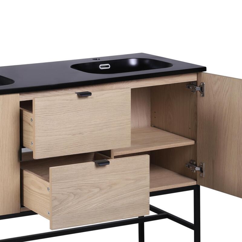 Meuble de salle de bain sur pieds en chêne avec robinets noirs, miroirs ronds et colonne
