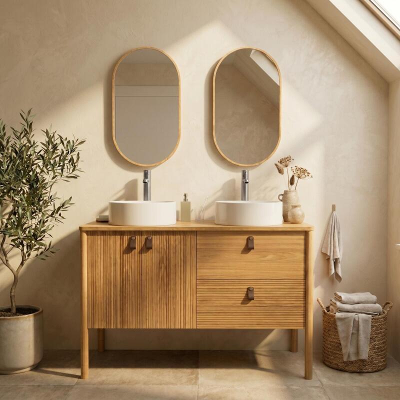 Ensemble meuble double vasque 120cm avec vasques, robinets et miroir