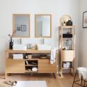 Ensemble salle de bain 140cm double vasque chêne naturel avec colonne, vasques carrées blanches, miroirs et robinets