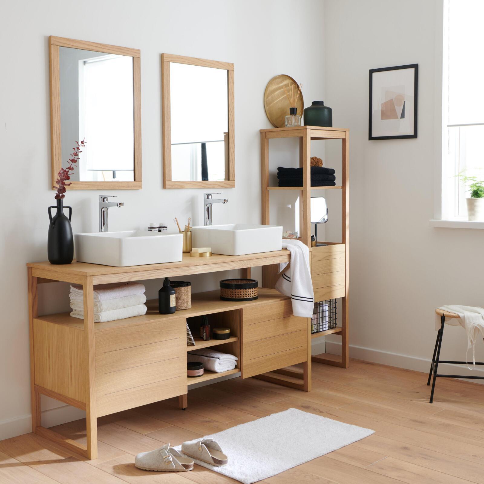 Ensemble salle de bain 140cm double vasque chêne naturel avec colonne, vasques carrées blanches, miroirs et robinets