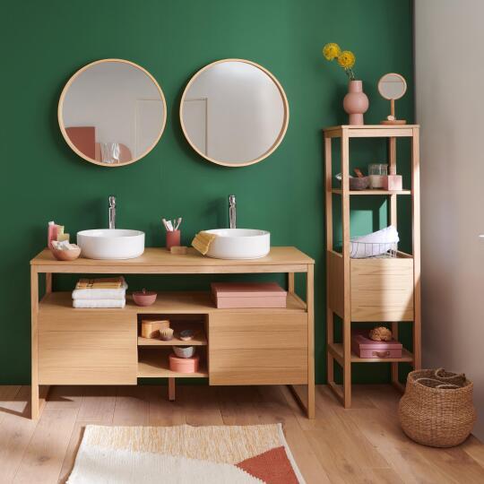Ensemble salle de bain 140cm double vasque chêne naturel avec colonne, vasques rondes blanches, miroirs et robinets