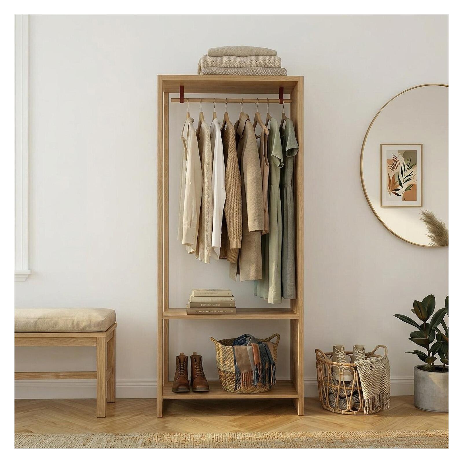 Portant vêtements en bois effet tasseaux de bois 90x190cm - barre penderie