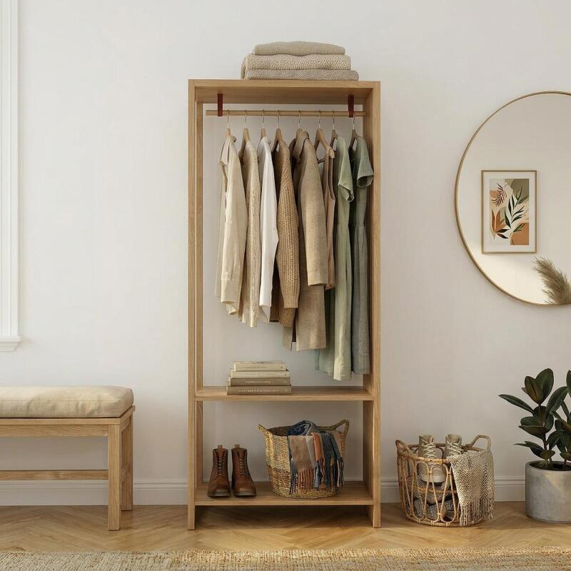 Portant vêtements en bois effet tasseaux de bois 90x190cm - barre penderie