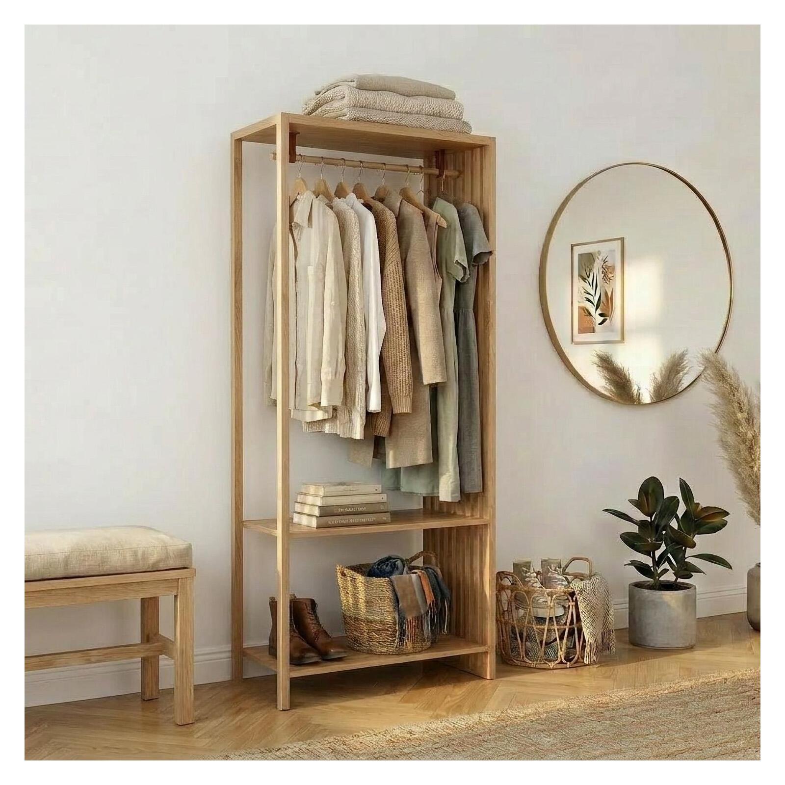 Portant vêtements en bois effet tasseaux de bois 90x190cm - barre penderie