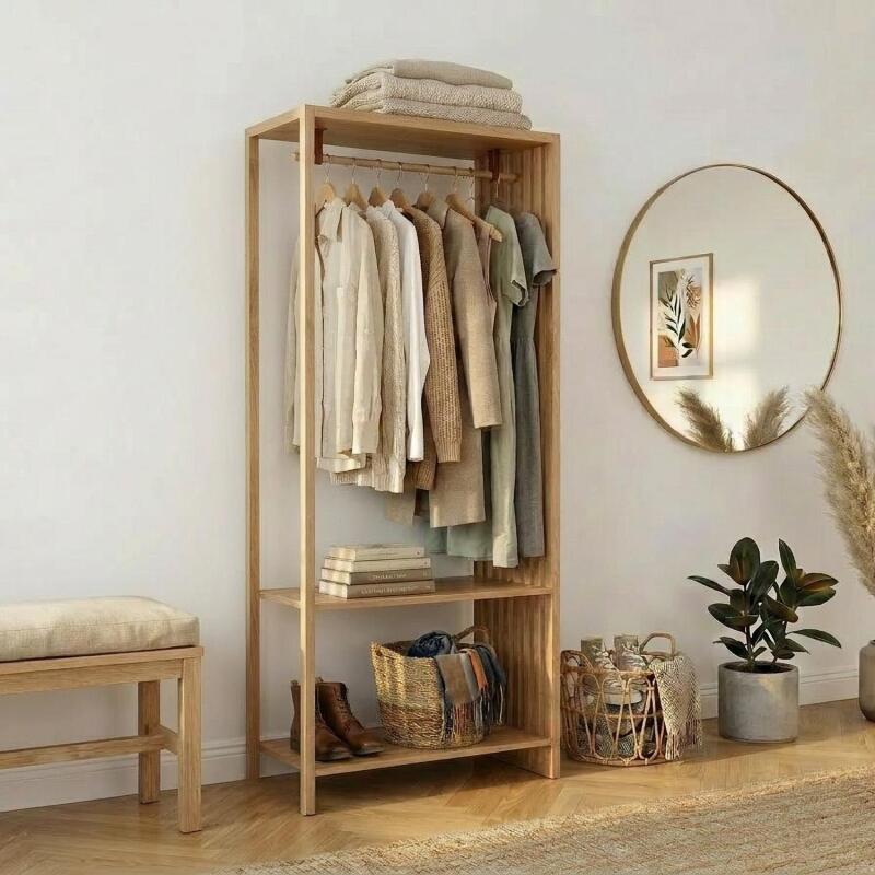 Portant vêtements en bois effet tasseaux de bois 90x190cm - barre penderie
