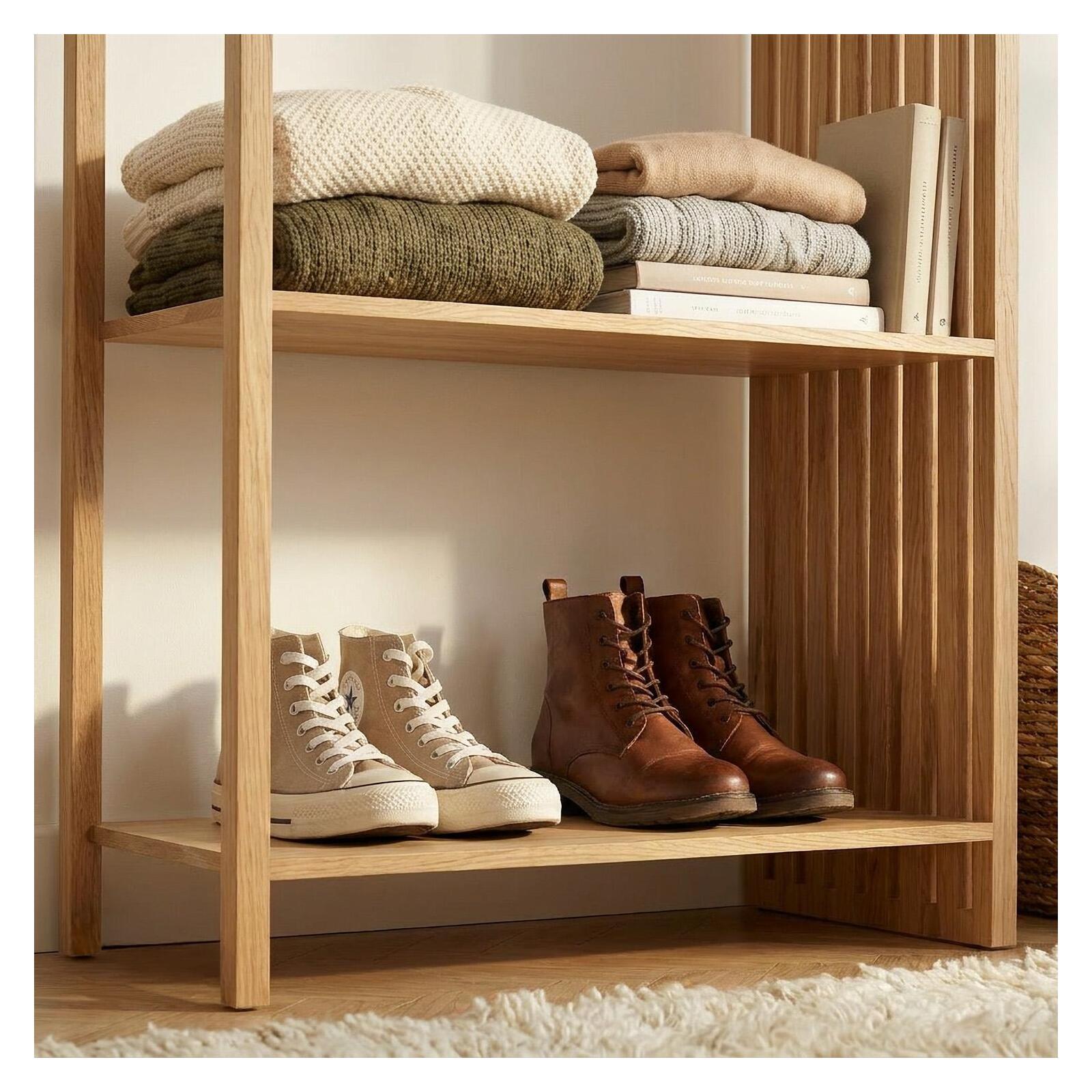 Portant vêtements en bois effet tasseaux de bois 90x190cm - barre penderie