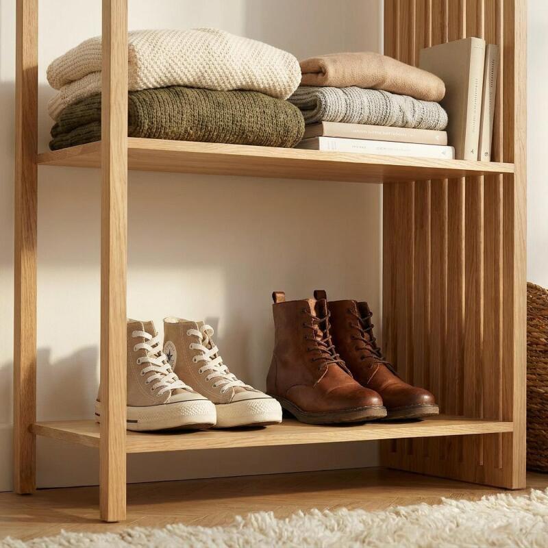 Portant vêtements en bois effet tasseaux de bois 90x190cm - barre penderie