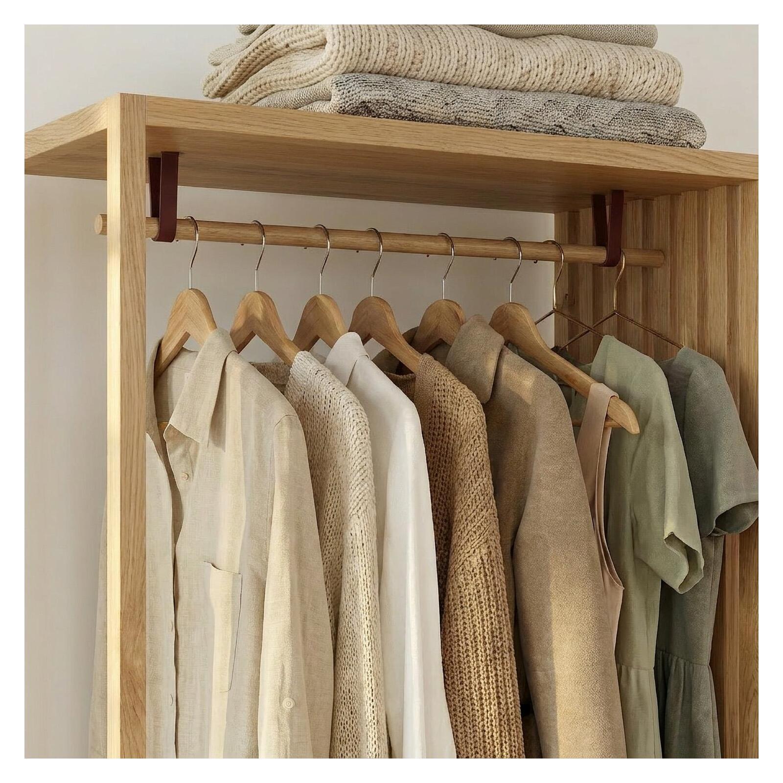 Portant vêtements en bois effet tasseaux de bois 90x190cm - barre penderie