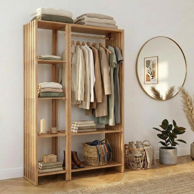 Lot de 2 portants vêtements en bois effet tasseaux de bois 130x190cm - étagères et penderie