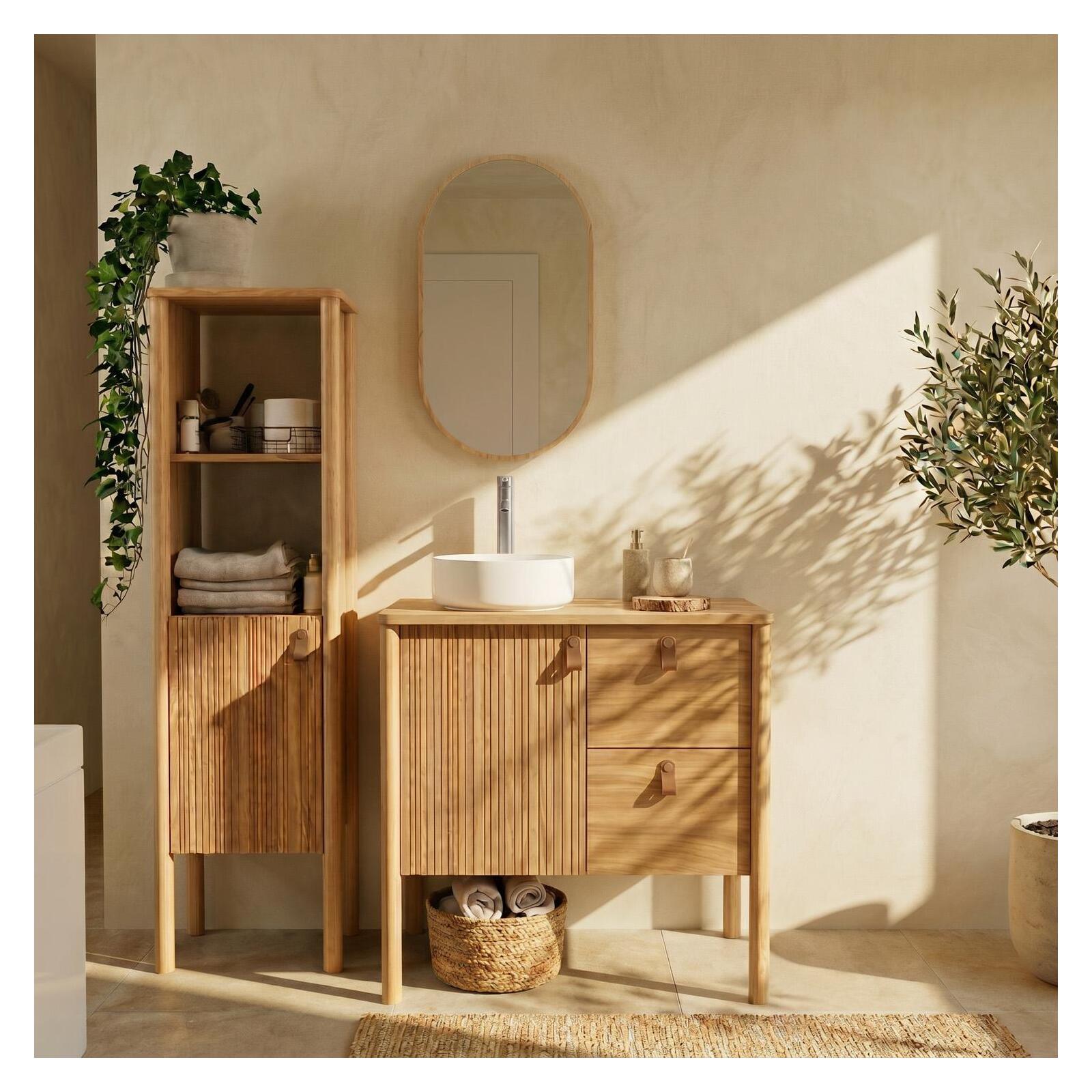 Meuble salle de bain 80cm chêne avec vasque blanche, miroir, robinet et colonne