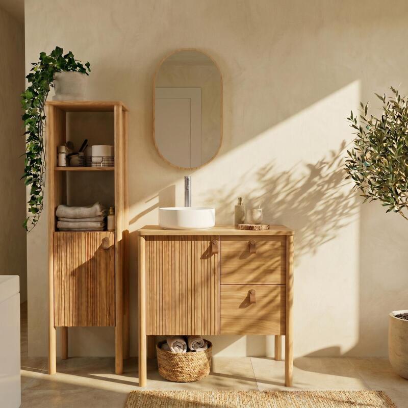 Meuble salle de bain 80cm chêne avec vasque blanche, miroir, robinet et colonne