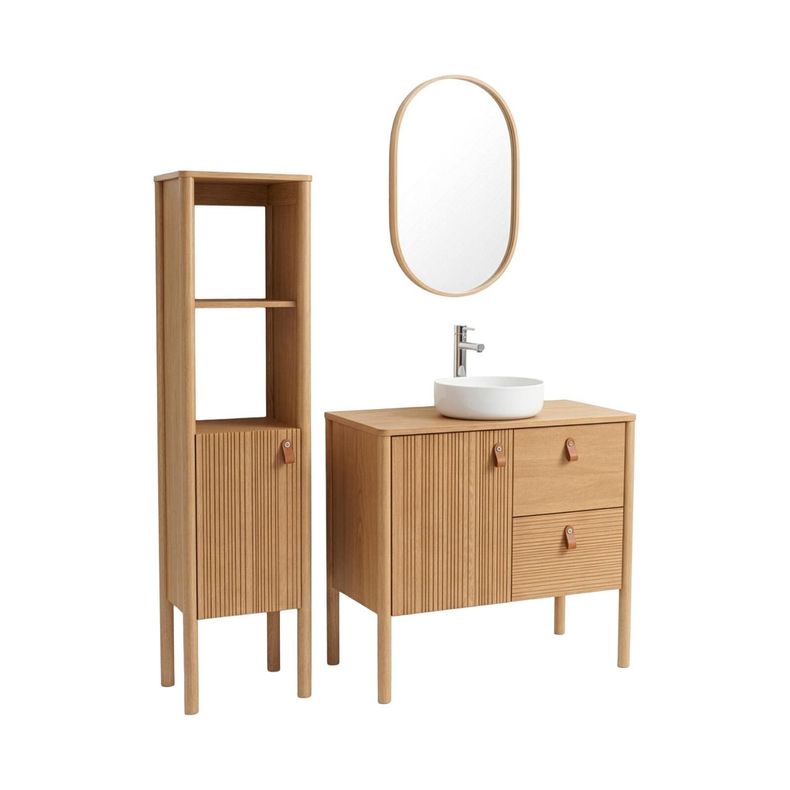 Meuble salle de bain 80cm chêne avec vasque blanche, miroir, robinet et colonne