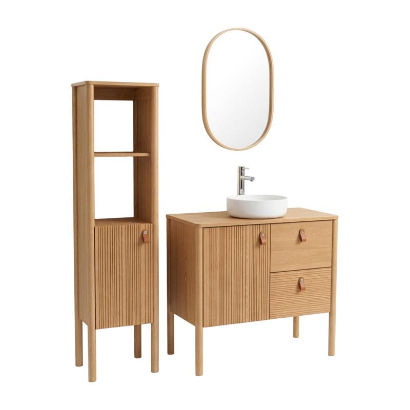 Meuble salle de bain 80cm chêne avec vasque blanche, miroir, robinet et colonne