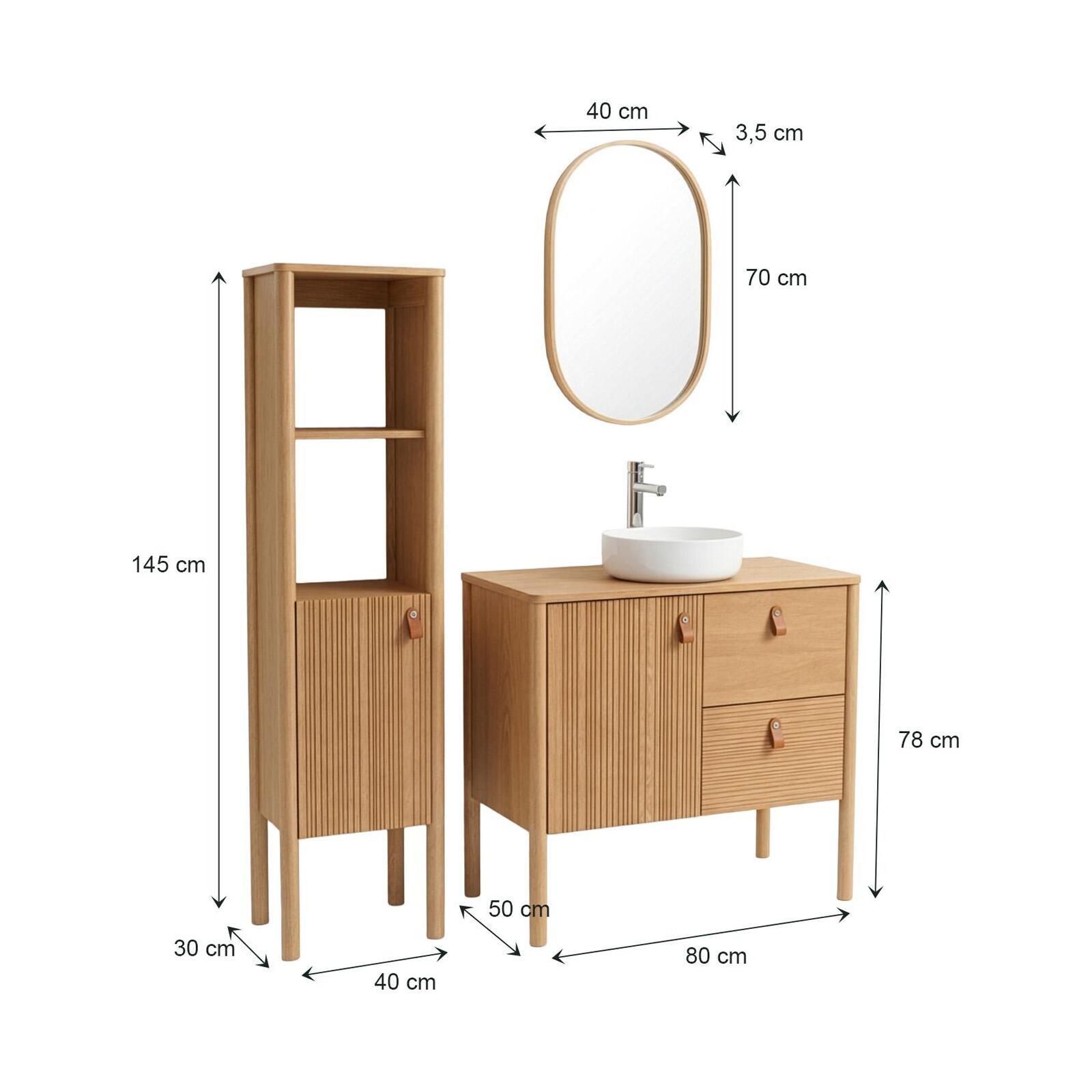 Meuble salle de bain 80cm chêne avec vasque blanche, miroir, robinet et colonne