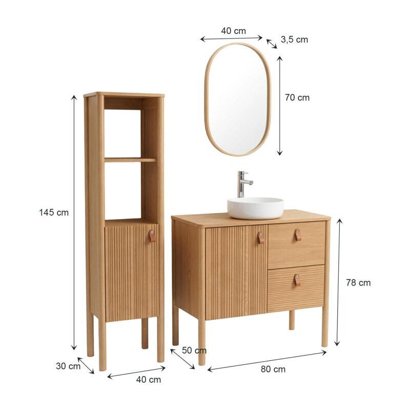 Meuble salle de bain 80cm chêne avec vasque blanche, miroir, robinet et colonne