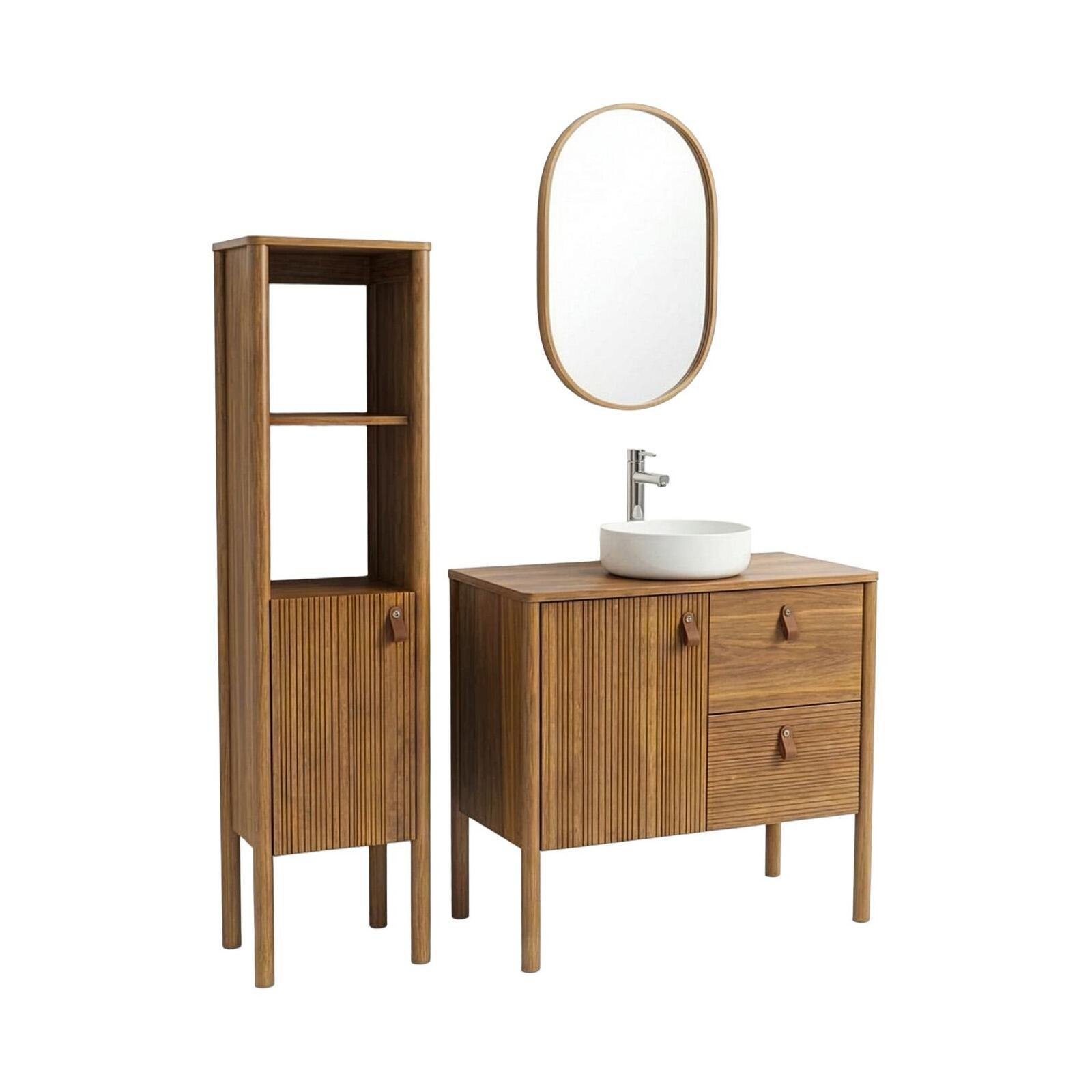 Meuble salle de bain 80cm chêne avec vasque blanche, miroir, robinet et colonne