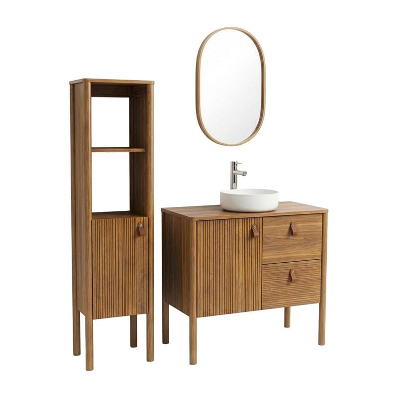 Meuble salle de bain 80cm chêne avec vasque blanche, miroir, robinet et colonne