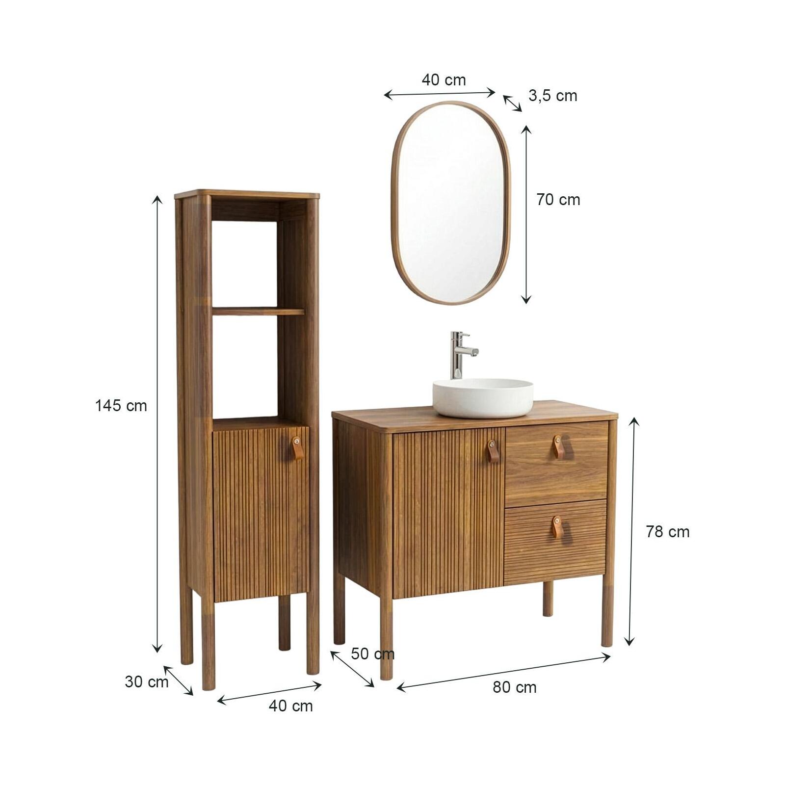 Meuble salle de bain 80cm chêne avec vasque blanche, miroir, robinet et colonne