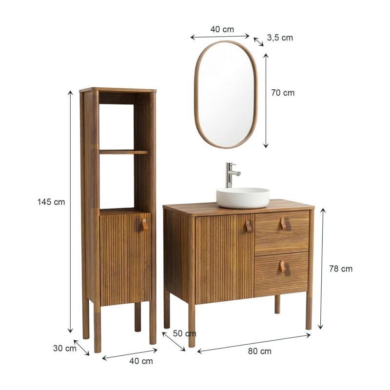 Meuble salle de bain 80cm chêne avec vasque blanche, miroir, robinet et colonne