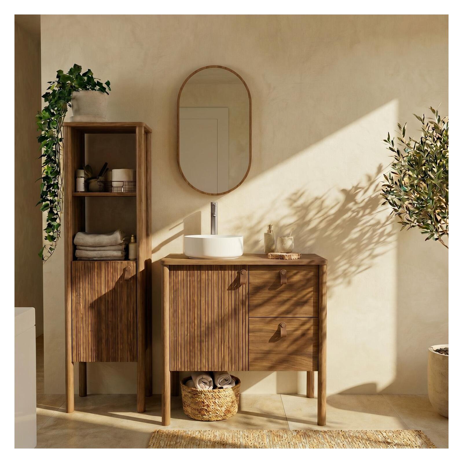 Meuble simple vasque 80 cm sur pieds en placage chêne - pour vasque à poser 
