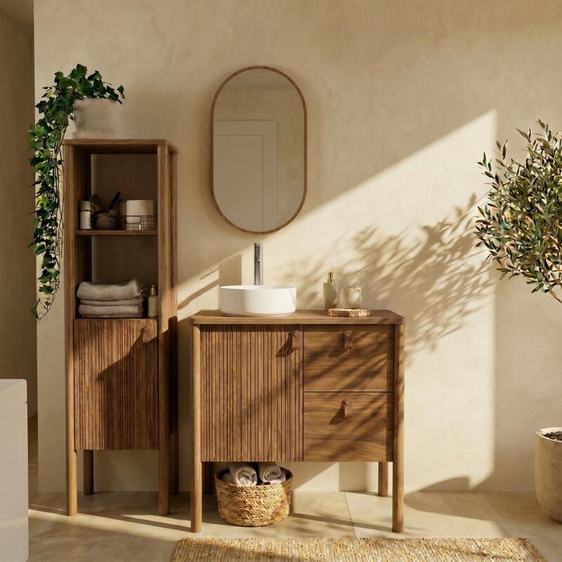 Meuble simple vasque 80 cm sur pieds en placage chêne - pour vasque à poser 