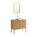 Ensemble simple vasque 80 cm sur pieds en placage chêne avec vasque en céramique blanche, robinet et miroir ovale