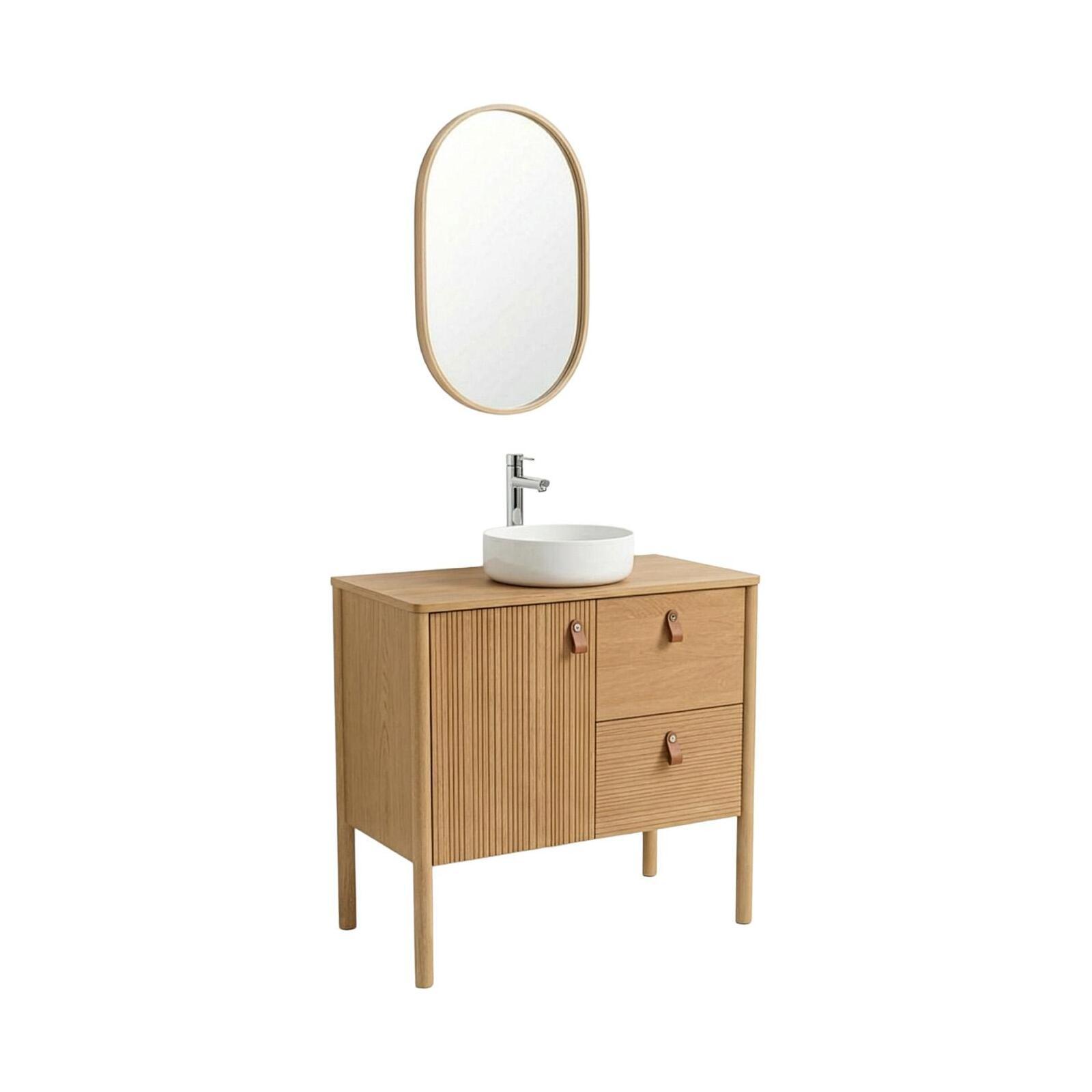 Ensemble simple vasque 80 cm sur pieds en placage chêne avec vasque en céramique blanche, robinet et miroir ovale