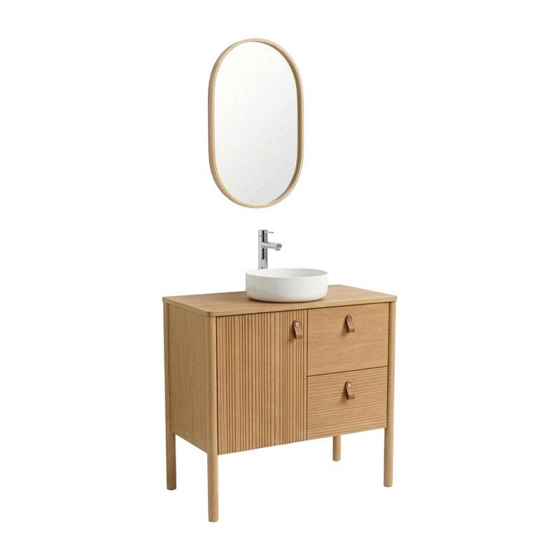Ensemble simple vasque 80 cm sur pieds en placage chêne avec vasque en céramique blanche, robinet et miroir ovale