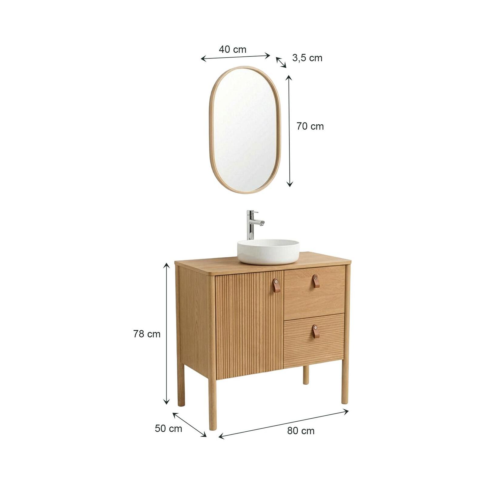 Ensemble simple vasque 80 cm sur pieds en placage chêne avec vasque en céramique blanche, robinet et miroir ovale