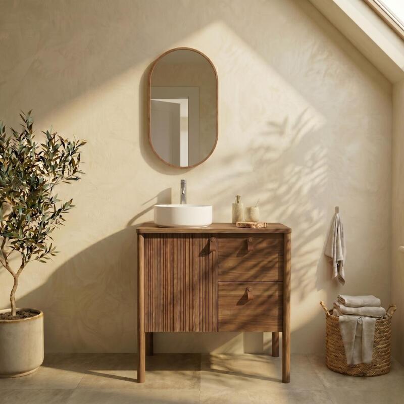 Ensemble simple vasque 80 cm sur pieds en placage chêne avec vasque en céramique blanche, robinet et miroir ovale
