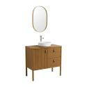 Ensemble simple vasque 80 cm sur pieds en placage chêne avec vasque en céramique blanche, robinet et miroir ovale