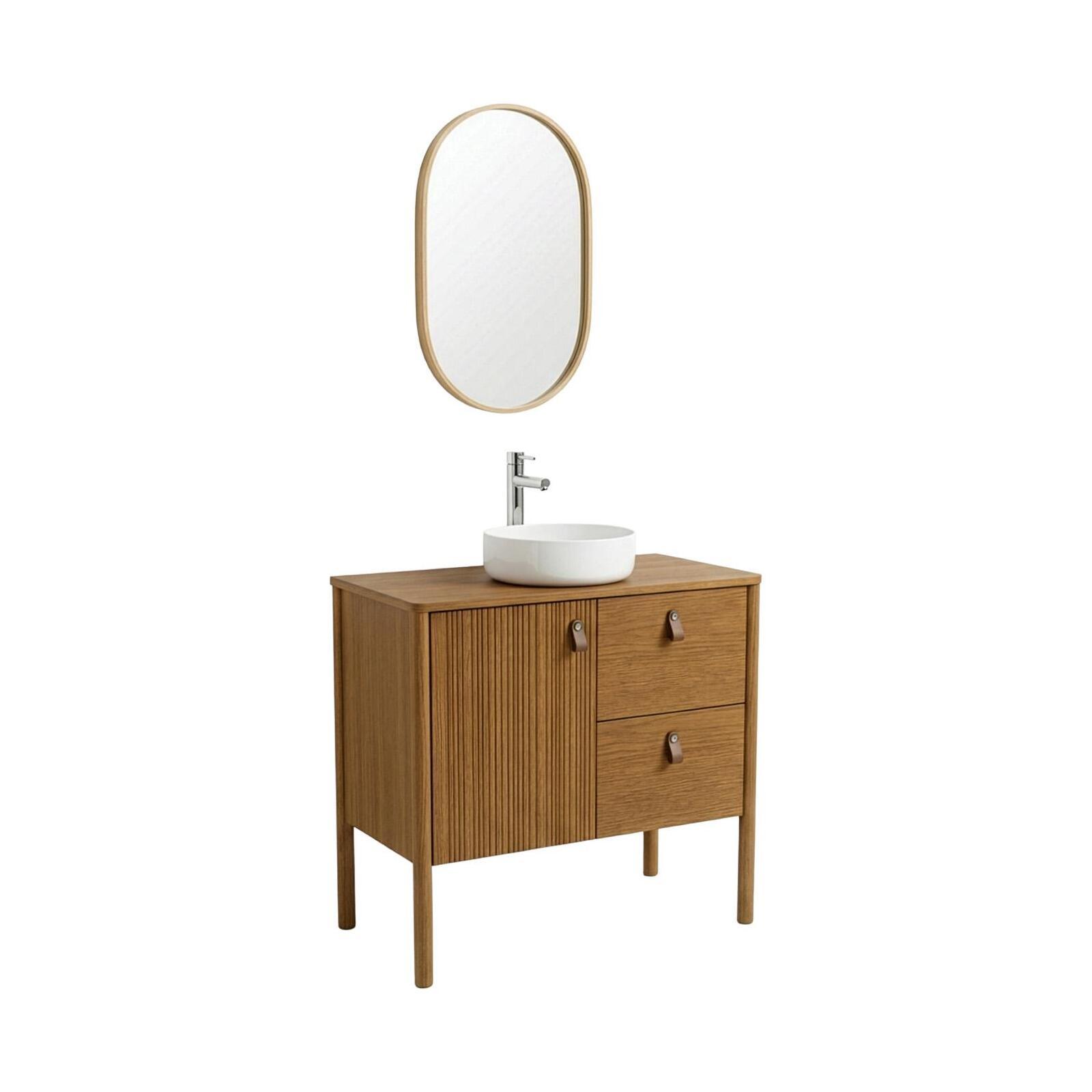 Ensemble simple vasque 80 cm sur pieds en placage chêne avec vasque en céramique blanche, robinet et miroir ovale
