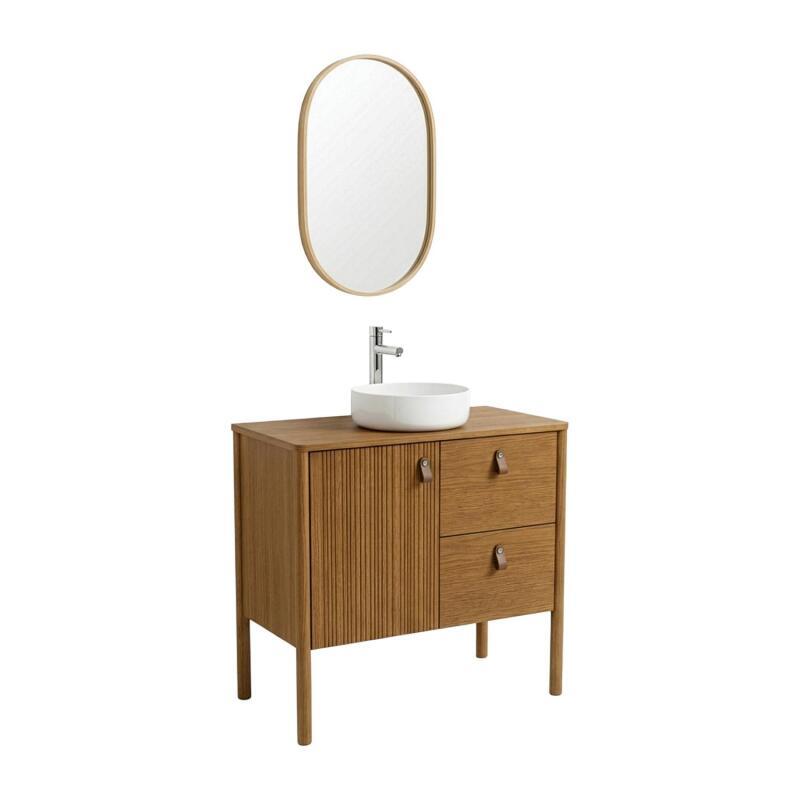 Ensemble simple vasque 80 cm sur pieds en placage chêne avec vasque en céramique blanche, robinet et miroir ovale