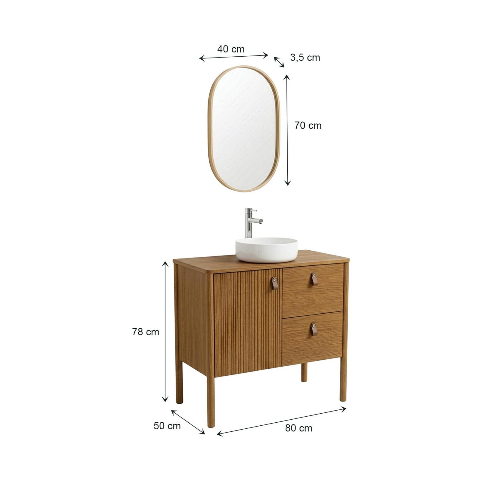 Ensemble simple vasque 80 cm sur pieds en placage chêne avec vasque en céramique blanche, robinet et miroir ovale