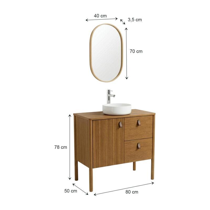 Ensemble simple vasque 80 cm sur pieds en placage chêne avec vasque en céramique blanche, robinet et miroir ovale