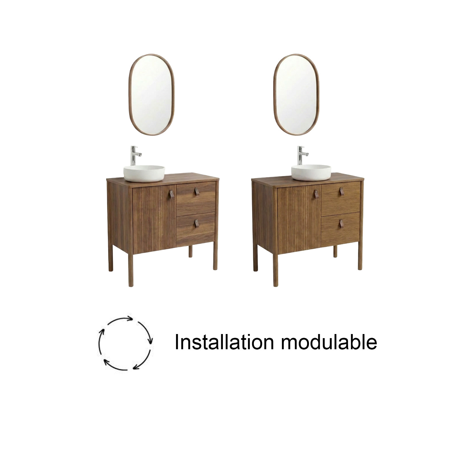 Ensemble simple vasque 80 cm sur pieds en placage chêne avec vasque en céramique blanche, robinet et miroir ovale