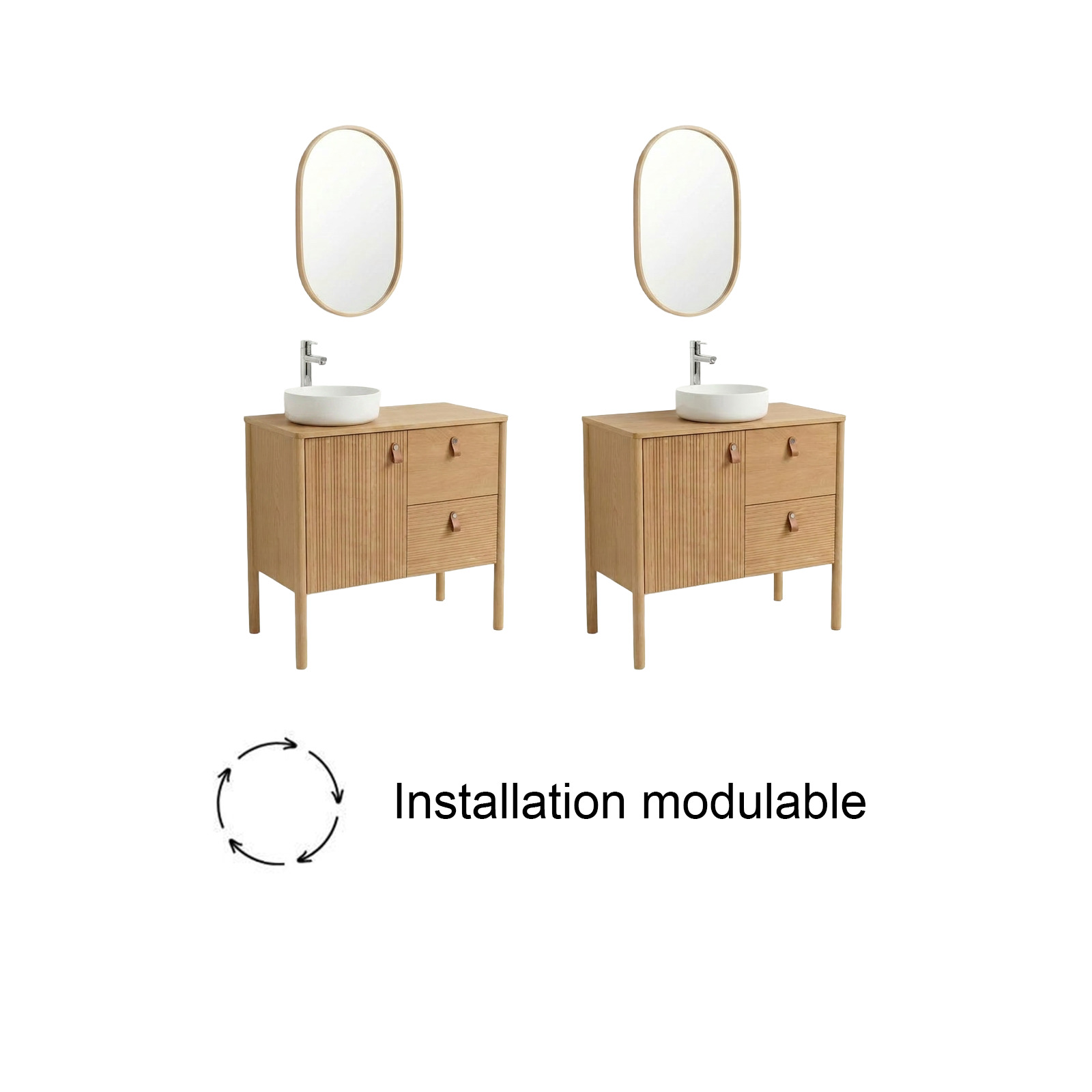 Ensemble meuble simple vasque 80cm en chêne avec vasque blanche, miroir, robinet et colonne